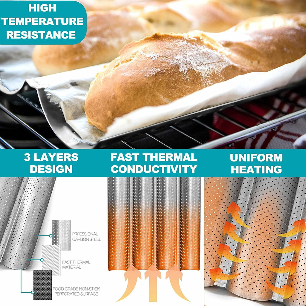 Feishiong French Baguette Bread Pan,with Professional Proofing Cloth, 15"X 13" Non-Stick French Bread pan, 4 Wave Loaves Loaf Baguette pan for Baking Toast Perforated Bakers Molding