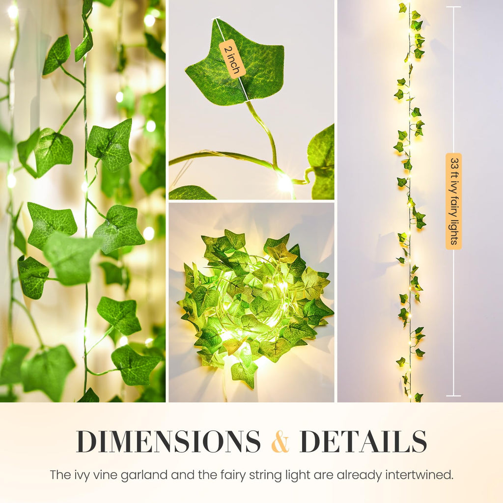 KASZOO 33ft 100 LED Vine with Fairy Lights with Remote - Fake Vines String Lights Battery/USB Operated, Ivy Garland, Leaf Lights for Bedroom Garden Party Wall Room Decor
