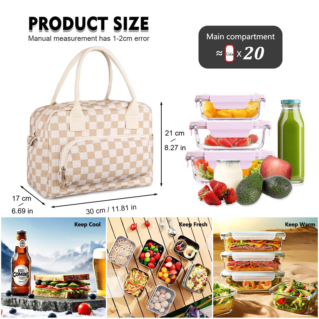 FITDON Insulated Lunch Bag for Women Men, Large Lunch Box Container Leakproof Corduroy Cooler Bag Lunch Tote Bag for Work Picnic, Light Checkerboard