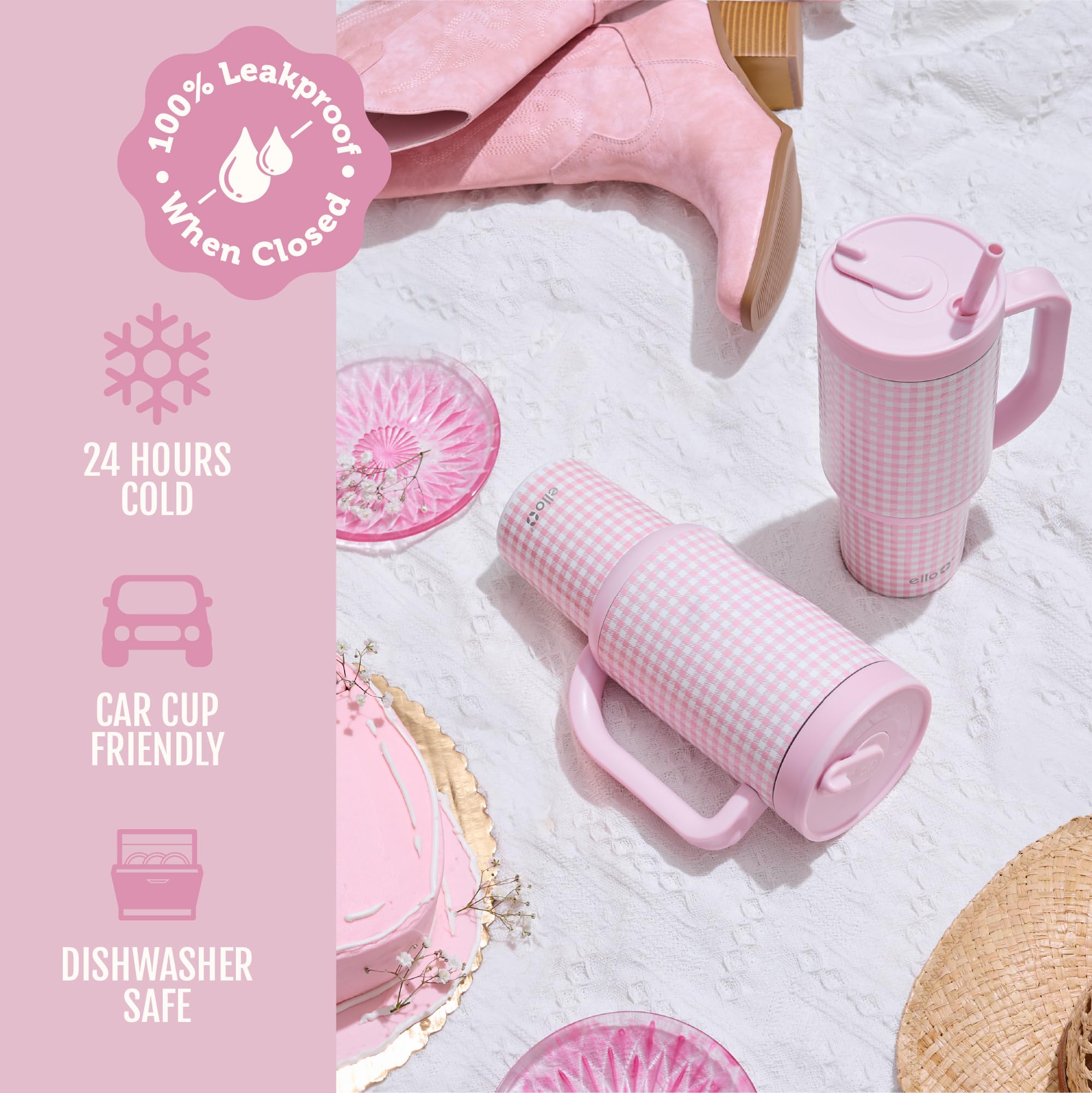 Ello Oasis 30 oz Tumbler with Handle & Retracting Straw | Reusable Insulated Stainless Steel Cup 100% Leakproof, Gifts for Teens Women Men | Keeps Cold for 24 Hours, Cup Holder Friendly, Pink Gingham