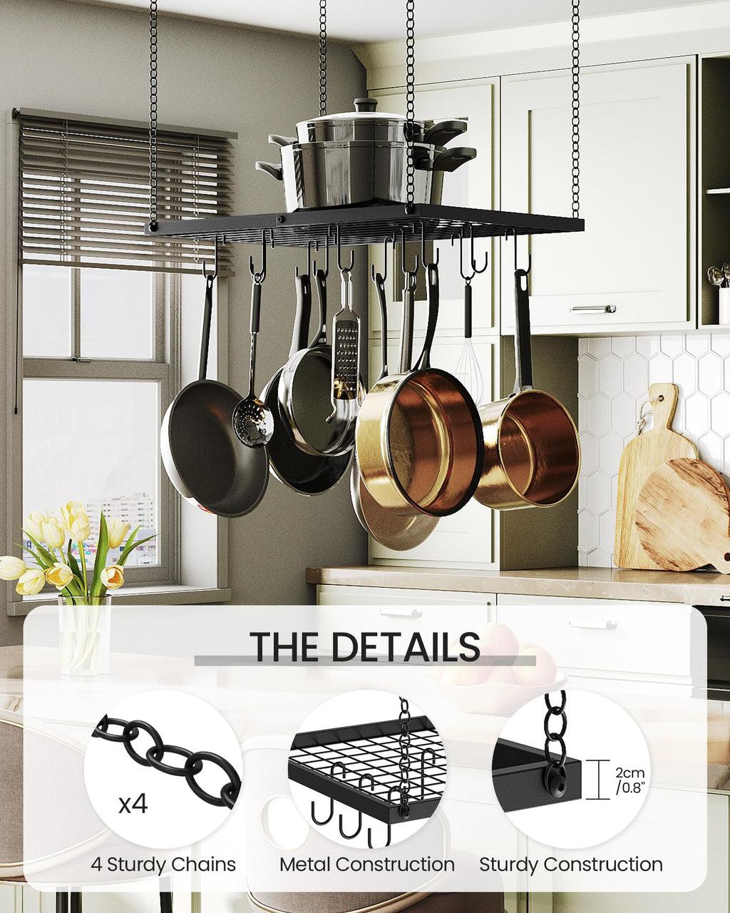 Hanging Pot Rack, Ceiling Mounted Pot Hanger for Kitchen, Metal Cookware Storage Organizer with 12 Hooks, for Storage of Cookware, Utensils in Kitchen, Black TPR03BB