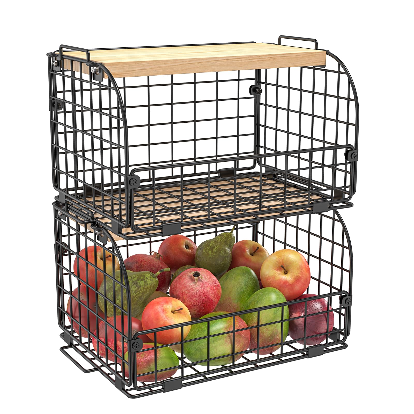 2 Set Stackable Wire Basket with Openable Top, Kitchen Counter, Pantry Organizer and Storage Produce Onion Potato Fruits Vegs Bread Food Snack Spice Organizing Bin for Cabinet Shelf Countertop Floor