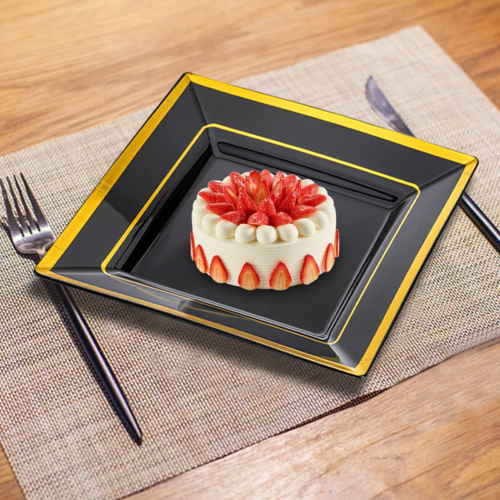 Suwimut 70 Pack Disposable Plastic Plates, Black Square Hard Plastic Plates with Elegant Gold Rim for Wedding Party, 35 Pieces 9.5 Inch Dinner Plates + 35 Pieces 6.5 Inch Dessert Plates