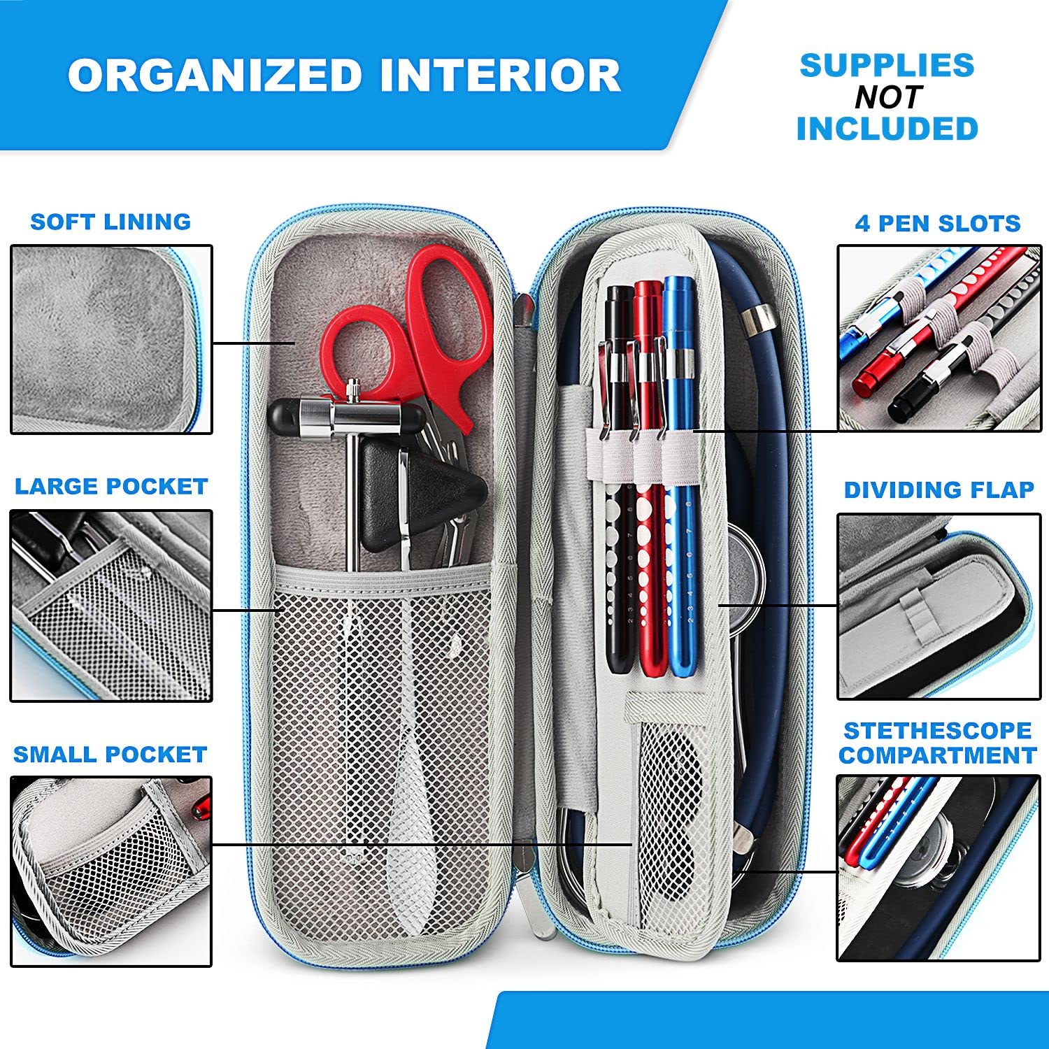 Primacare KB-9297-BL Blue Stethoscope Case, Supplies NOT Included, for Stethoscopes and Medical Supplies, Multiple Compartments, Portable and Lightweight First Aid Kit Bag, Accessories for Nurses
