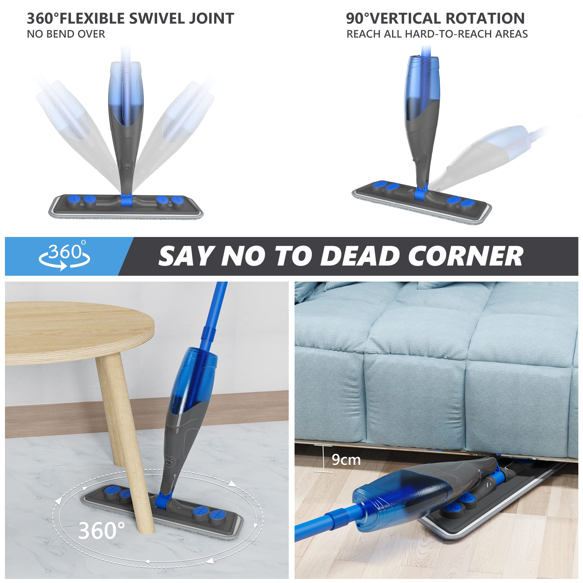 Spray Mops for Cleaning Floors: Papclean Floor Mop for Wet Dry Household - 4 Microfiber Pads 635ML Refillable Bottle for Hardwood Laminate Vinyl Apartment Kitchen Bathroom Cleaning