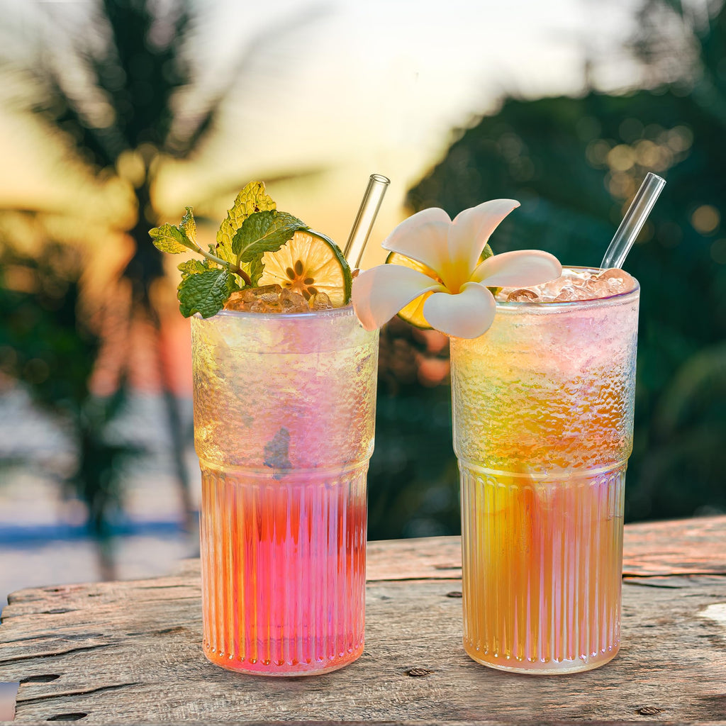 Joeyan 22 oz Iridescent Glass Tumbler with Straw and Lid for Iced Tea Coffee Smoothie Water Juice Beverages Soda,Ribbed Glasses Cups,Borosilicate Drinking Jar,Set of 2