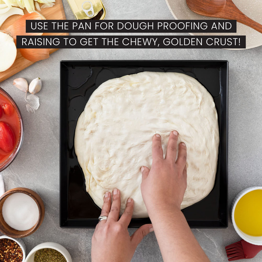 Chef Pomodoro Sicilian Deep Dish Square Pizza Pan, 13.2 x 13.2 Inch, Non-Stick Aluminum, Focaccia Crust, Dough Pre-Seasoned Bakeware Kitchenware
