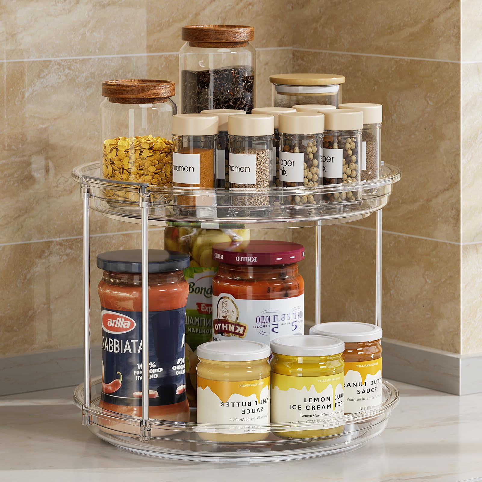 LAMU 2 Pack 2 Tier Lazy Susan Turntable Organizer 9.25'' Rotating Spice Rack Organization for Cabinet, Table Top, Pantry, Countertop, Bathroom, Vanity, Medicine Cabinet Organizer, Clear