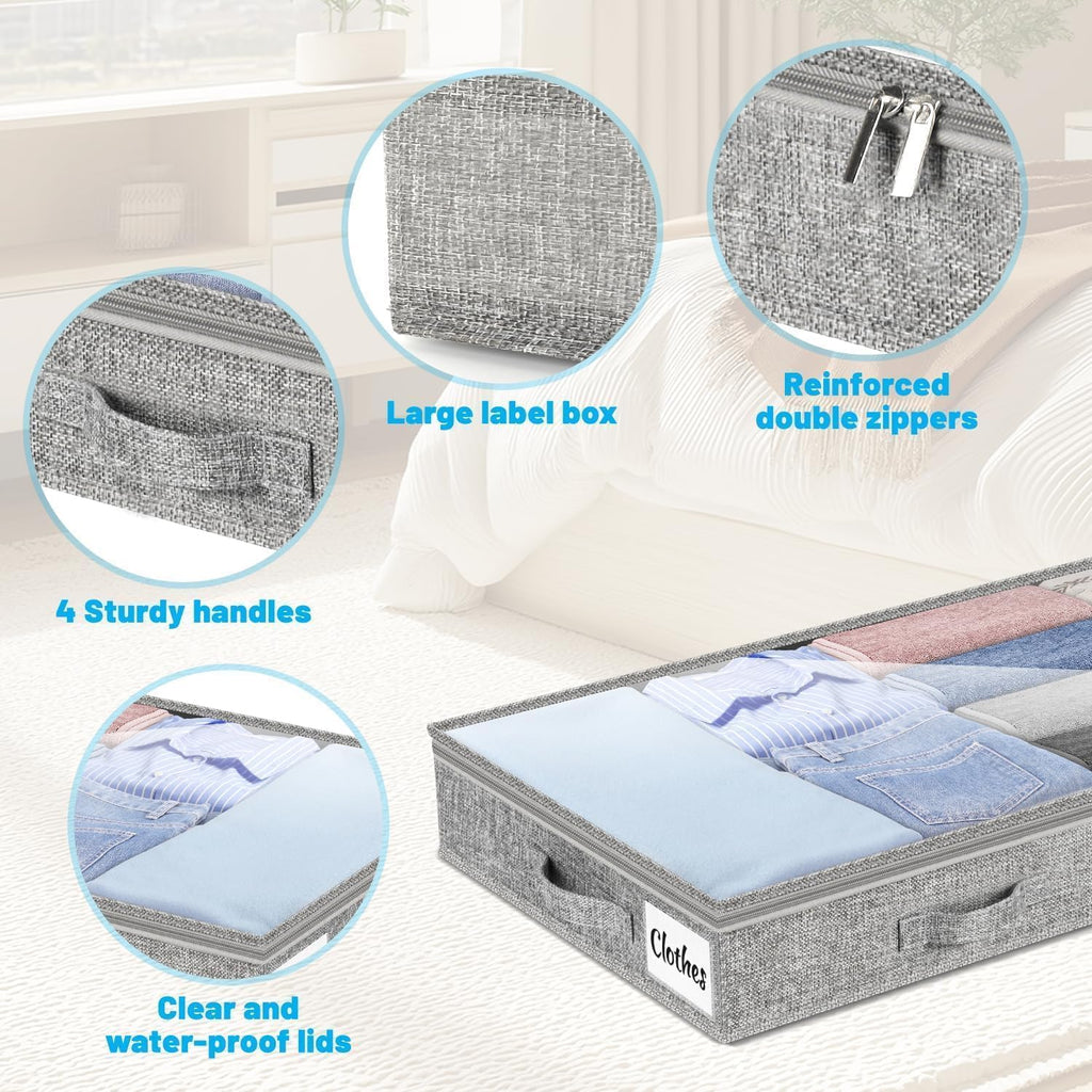 Under Bed Storage Bags 2 Pack, 4 Inch Foldable Underbed Storage Container Bins with NO STRUCTURE, Shallow Closet Organizer Storage Container for Dorm & Home, With Clear Lids & Reinforced Handles, Grey