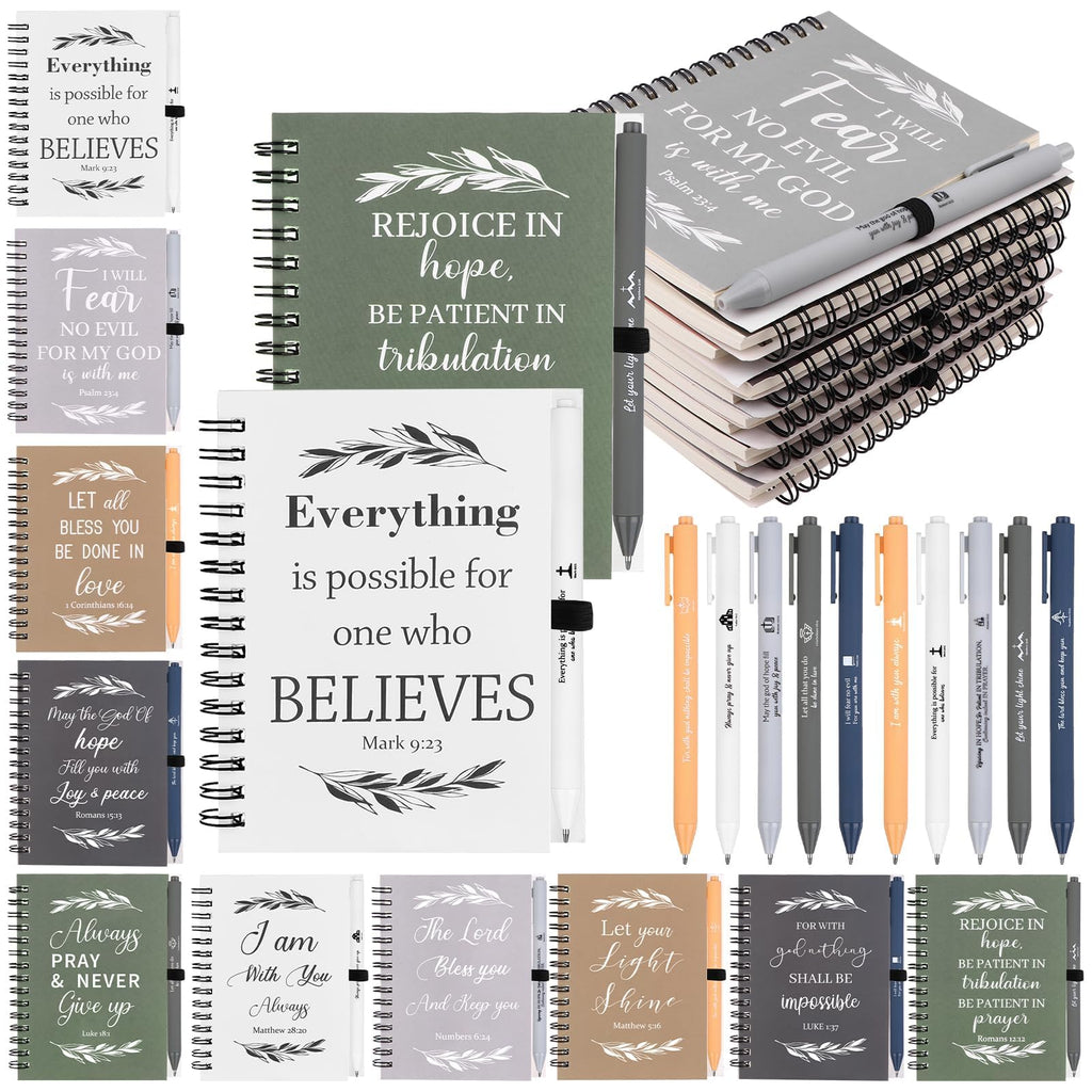 20 Pcs/10 Set Christian Gifts Notebooks Bible Verse Spiral Notebook and Bible Ballpoint Pen Prayer Journal Religious Inspirational Notebook Scripture Notepad for Men Women Sunday School Church Visitor