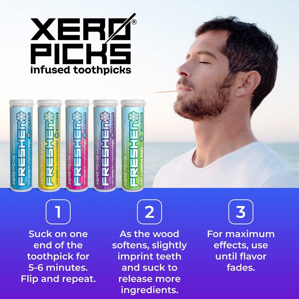 Xero Picks Freshen - Infused Flavored Toothpicks - Cooling Fresh Breath - 100 Picks | 20 per tube - 5 Pack - Variety