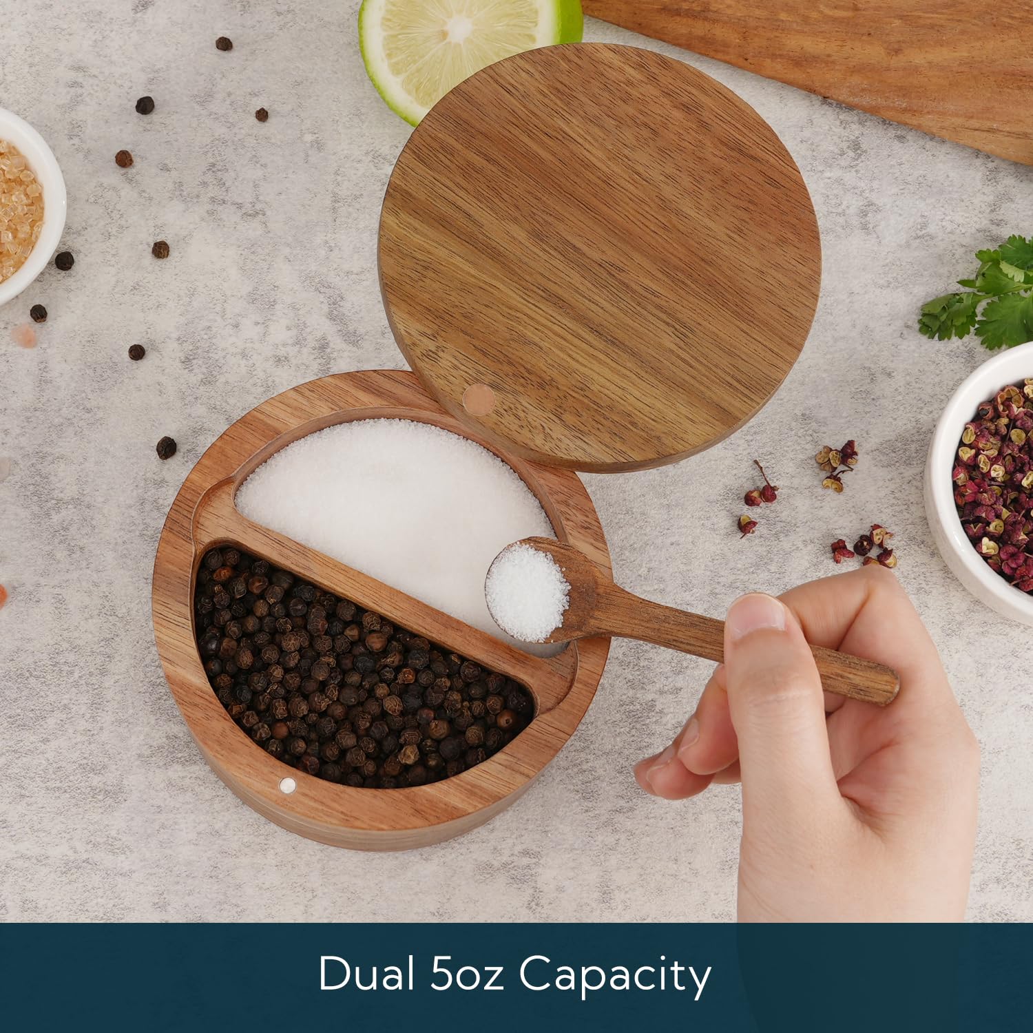 KITCHENDAO Salt and Pepper Bowl, Acacia Wood Salt Cellar with Magnetic Swivel Lid and Spoon, Spice Container with 2 Compartments for Storing Salt, Pepper, Spices, Dual 5OZ Capacity