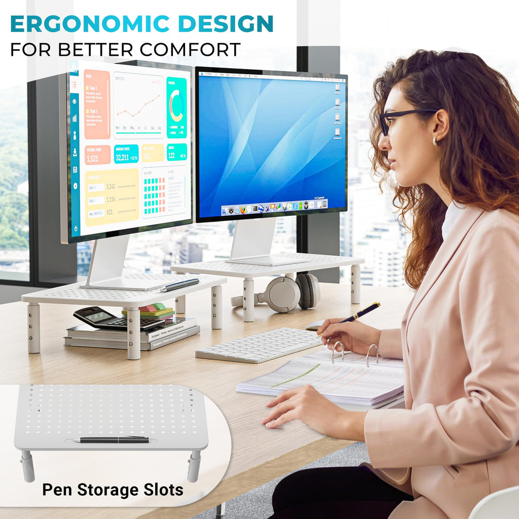 BONTEC 2 Pack Monitor Stand Riser, 3 Height Adjustable Monitor Stand for Desk, Computer Monitor Riser Stand with Mesh Platform for Laptop, Computer, iMac, PC (White)