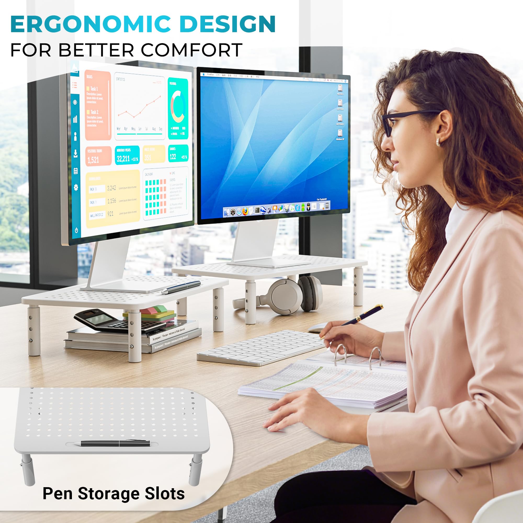 BONTEC 2 Pack Monitor Stand Riser, 3 Height Adjustable Monitor Stand for Desk, Computer Monitor Riser Stand with Mesh Platform for Laptop, Computer, iMac, PC (White)