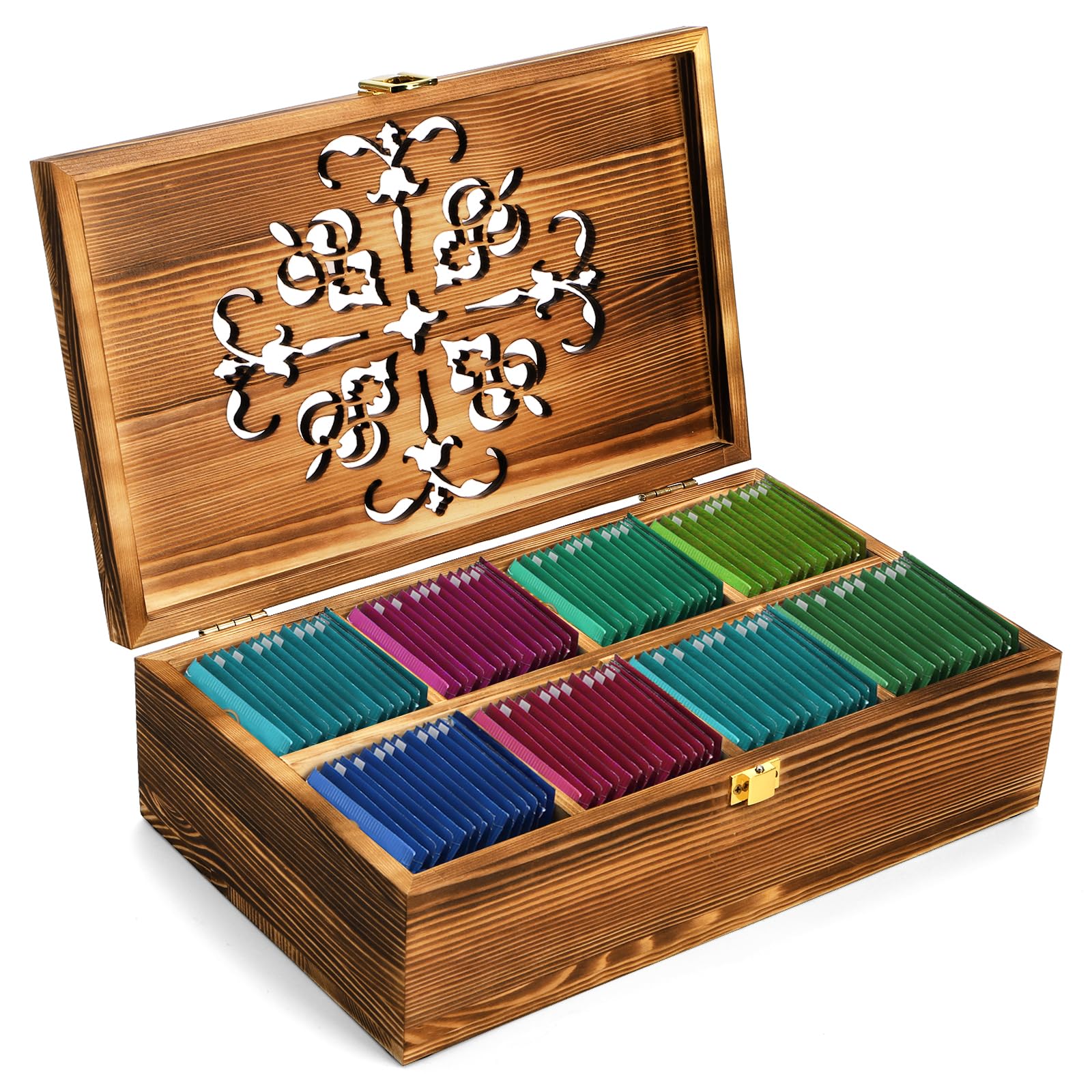 Coloch Wooden Tea Bag Storage Box with Carved Lid, 8-Compartment Tea Chest Organizer Spice Packets Container for Living Room, Kitchen, Gift for Office, Home Decor