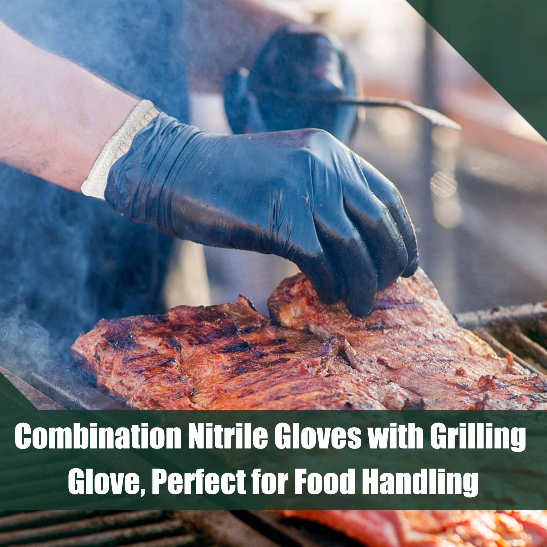 Flehomo BBQ Gloves Kit with 2 Pairs of Reusable Heat Resistant Grilling Gloves Liner and 100 Pieces Disposable Nitrile for Outdoor Cooking and Barbecue, Black, X-Large
