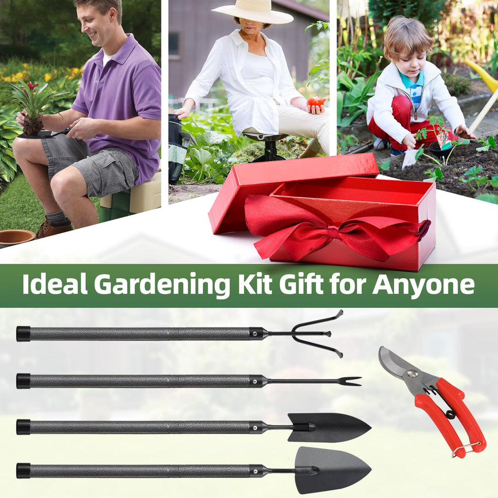 Garden Tools Set, 5Pcs Hand Garden Tools with Extensions, Rustproof Metal Gardening Tool Shovel Weeder Tiller Pruning Shear Gardening Supplies Gardening Gifts for Women Kids
