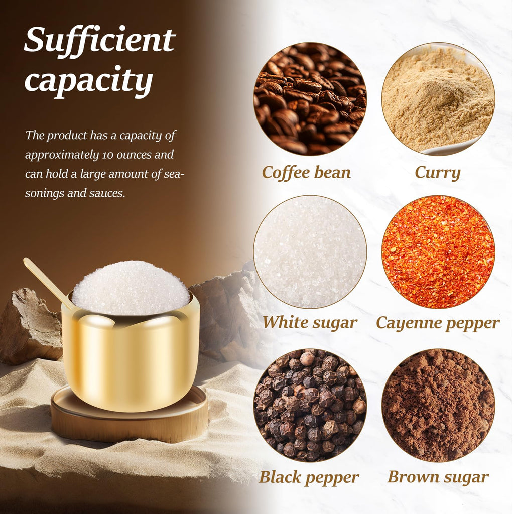 Spice Jar 304 Stainless Steel Sugar Container 10oz Sugar Jar with Clear Glass Lid and Spoon Gold Sugar jar Dishwasher Safe Seasoning Box Condiment Pot for Salt Candy Coffee Bean