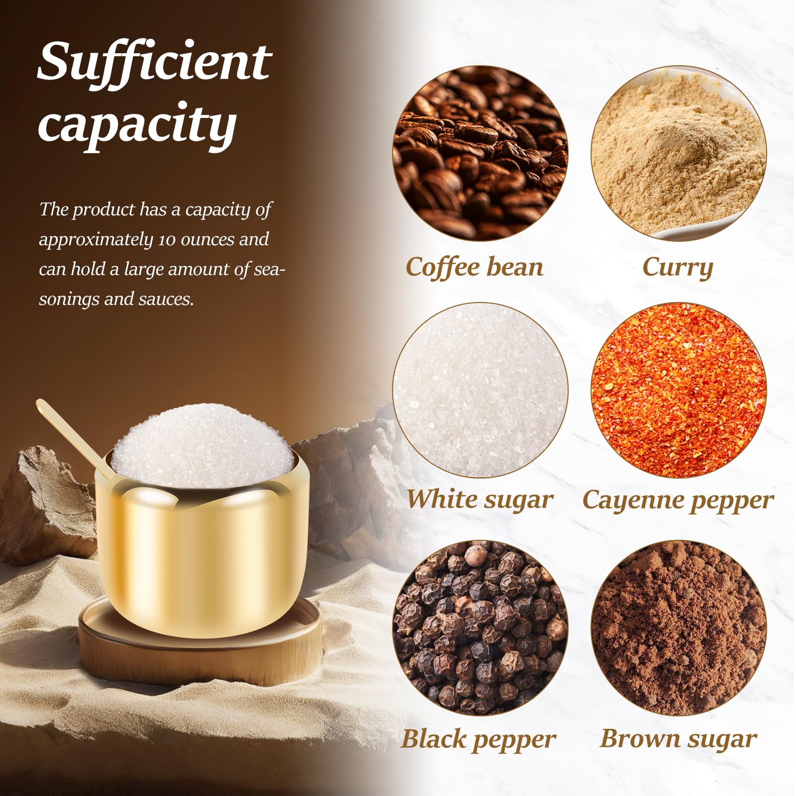 Spice Jar 304 Stainless Steel Sugar Container 10oz Sugar Jar with Clear Glass Lid and Spoon Gold Sugar jar Dishwasher Safe Seasoning Box Condiment Pot for Salt Candy Coffee Bean
