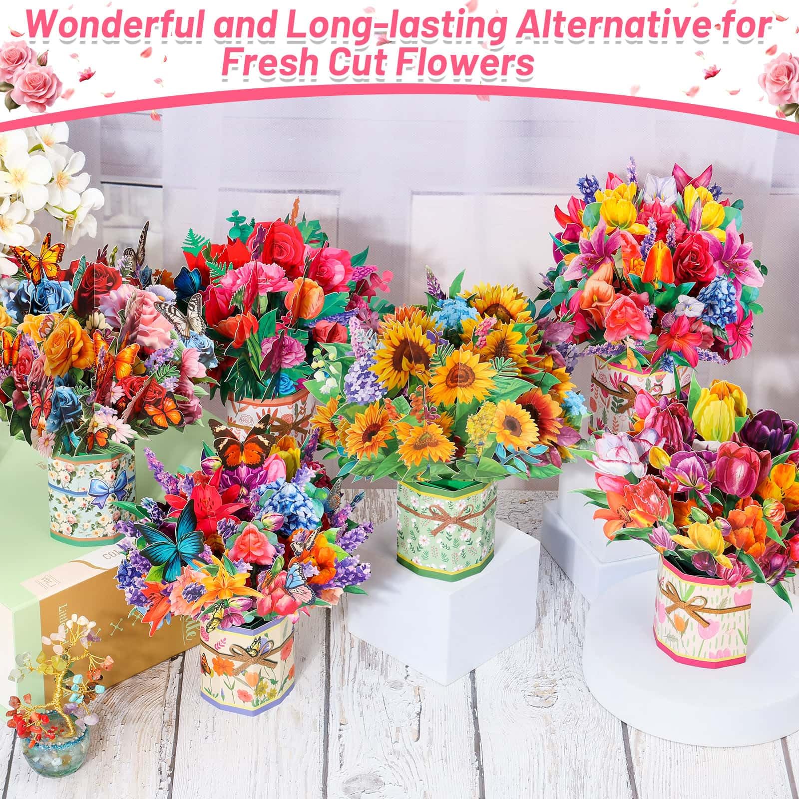 6 Pack Paper Flower Pop Up Cards, Flower Bouquet Card Popup 3D Greeting Cards for Mother's Day, Graduation, Anniversary, Birthday, Congratulations, Get Well, Home Decor, with Envelope and Note