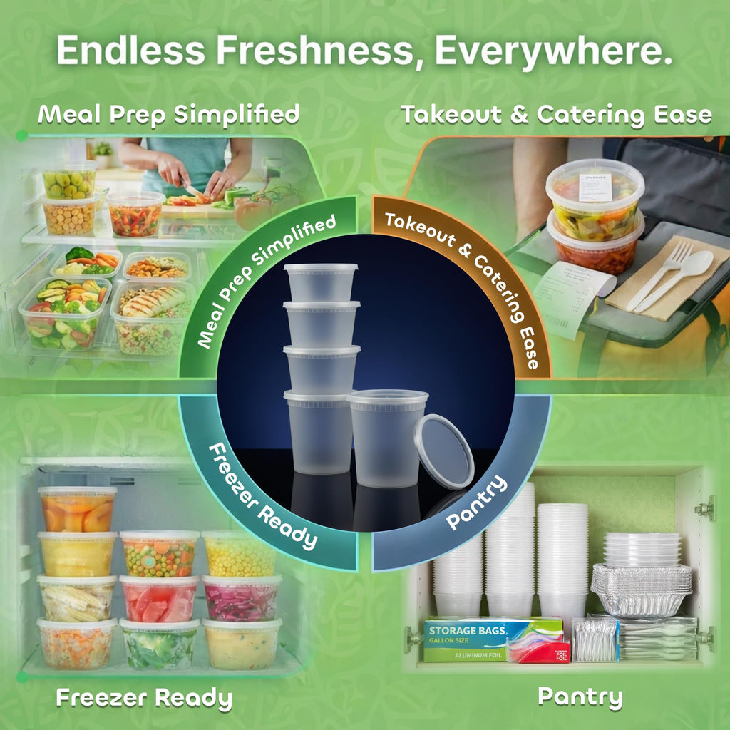 Deli Food Containers with Lids - (48 Sets) 24-32 Oz Quart Size & 24-16 Oz Pint Size Airtight Food Storage Takeout Meal Prep Containers with 54 Lids, BPA-Free, Dishwasher, Microwave Safe