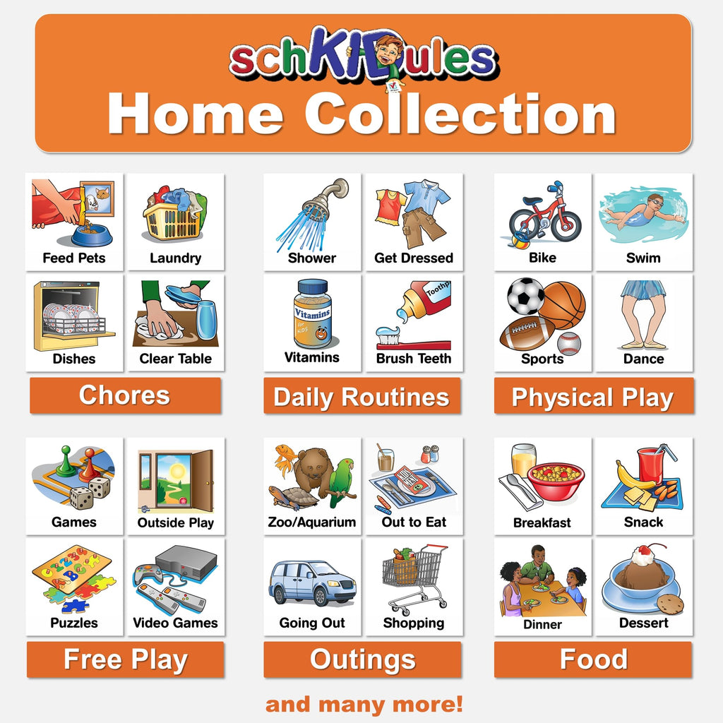 SchKIDules® 93 Pc Home Collection Combo Pack for Visual Schedules, Kids Calendars and Behavior Charts: 72 Home-Themed Activity Magnets Plus 21 Headings Magnets (2nd Ed)