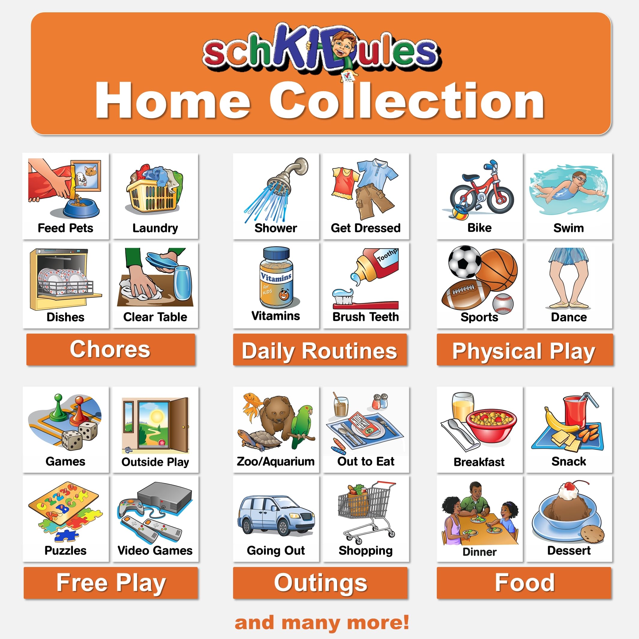 SchKIDules® 93 Pc Home Collection Combo Pack for Visual Schedules, Kids Calendars and Behavior Charts: 72 Home-Themed Activity Magnets Plus 21 Headings Magnets (2nd Ed)