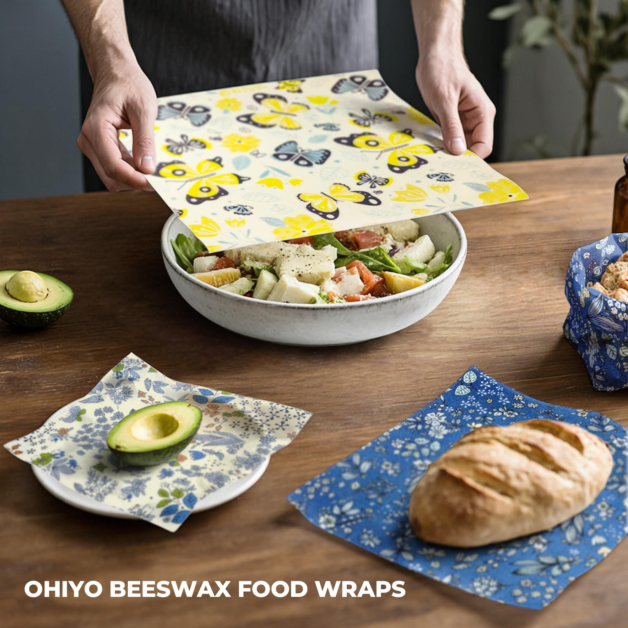 OHIYO Reusable Beeswax Wraps for Food, 9 Pack Organic Cotton Beeswax Paper (1XL+3M+5S), Bread Sandwich Wrap, Suitable for Bowls, Fruit, Cheese, Burger