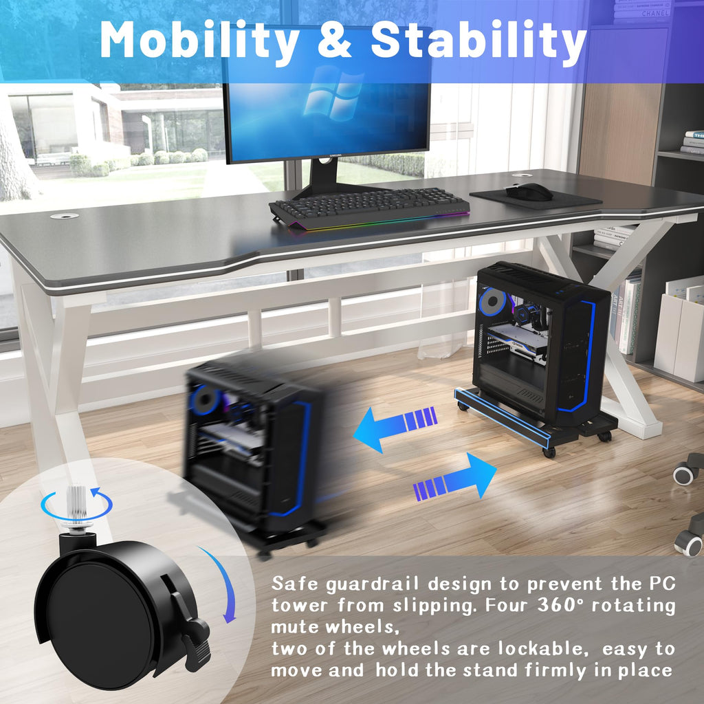 Computer Tower Stand, CPU Stand Adjustable Mobile Cart Holder, Desktop Stand with Rolling Locking Caster Wheels, PC Tower Stand Holder for Floor Carpet Gaming PC Case, Home Office - Black