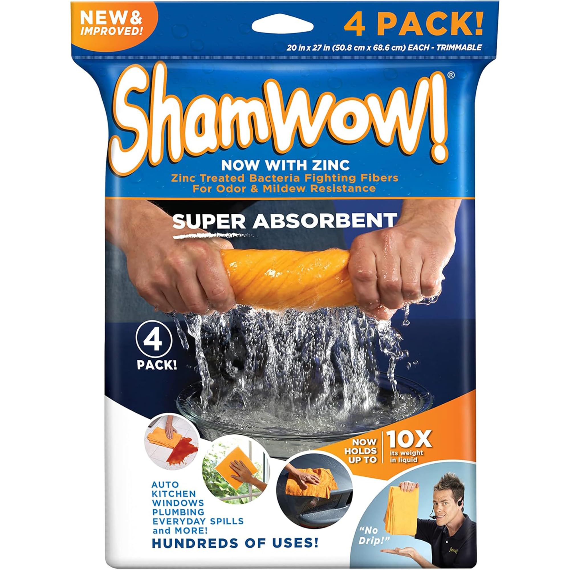 The Original Shamwow - Super Absorbent Multi-Purpose Cleaning Shammy Chamois Towel Cloth - Holds 10X its Weight in Liquid - Machine Washable - Will Not Scratch (4 Pack, 4 Large Orange)