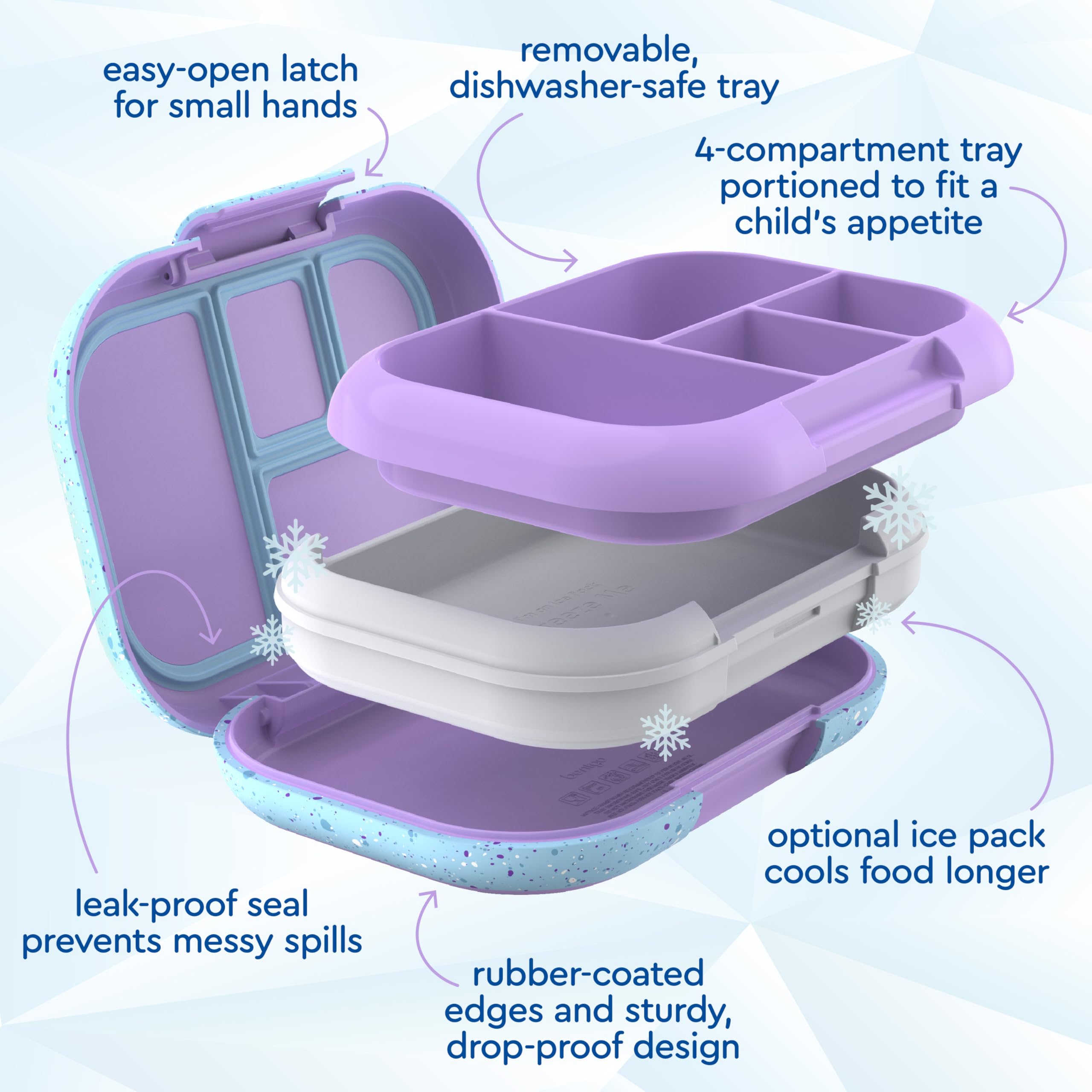 Bentgo® Kids Chill Lunch Box - Confetti Designed Leak-Proof Bento Box & Removable Ice Pack - 4 Compartments, Microwave & Dishwasher Safe, Patented, 2-Year Warranty (Confetti Edition - Vivid Orchid)