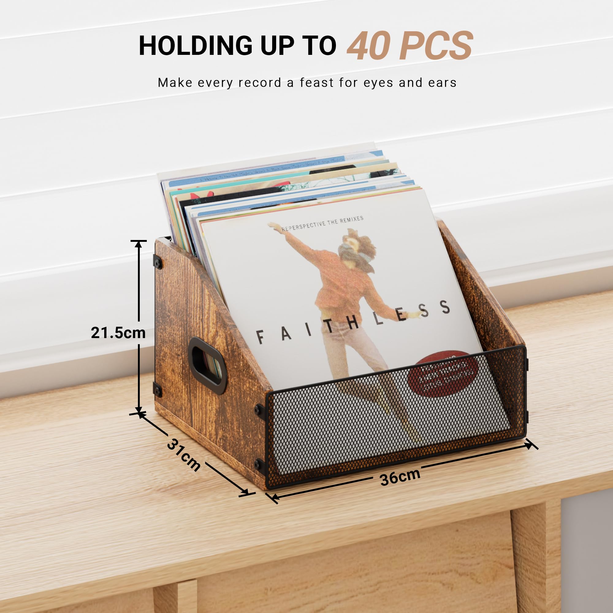 Dunatou Vinyl Record Storage Crate, Wooden Record Holder for LP Albums, Holds 40 Records, Fits 7" 8" 10" 12", Vintage Design with Dual Handle, Rustic Brown