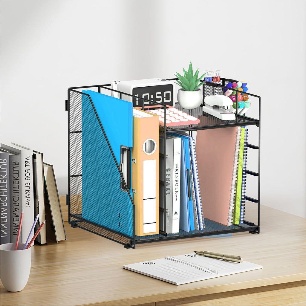 SUPEASY Desk Organizer with File Holder, 5-Tier Paper Letter Tray Organizer with Pen Holder, Desktop Organization and Storage for Office Supplies Black
