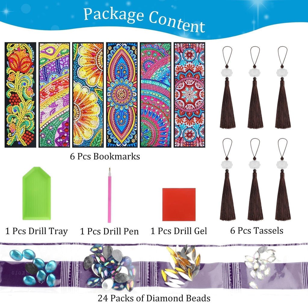 EEEKit 6 PCS DIY Diamonds Painting Bookmarks, Book Mark Diamond Art Kits for Adult Crafts, Floral Tassel Leather Diamond Drawing Page Bookmark for Book Lovers