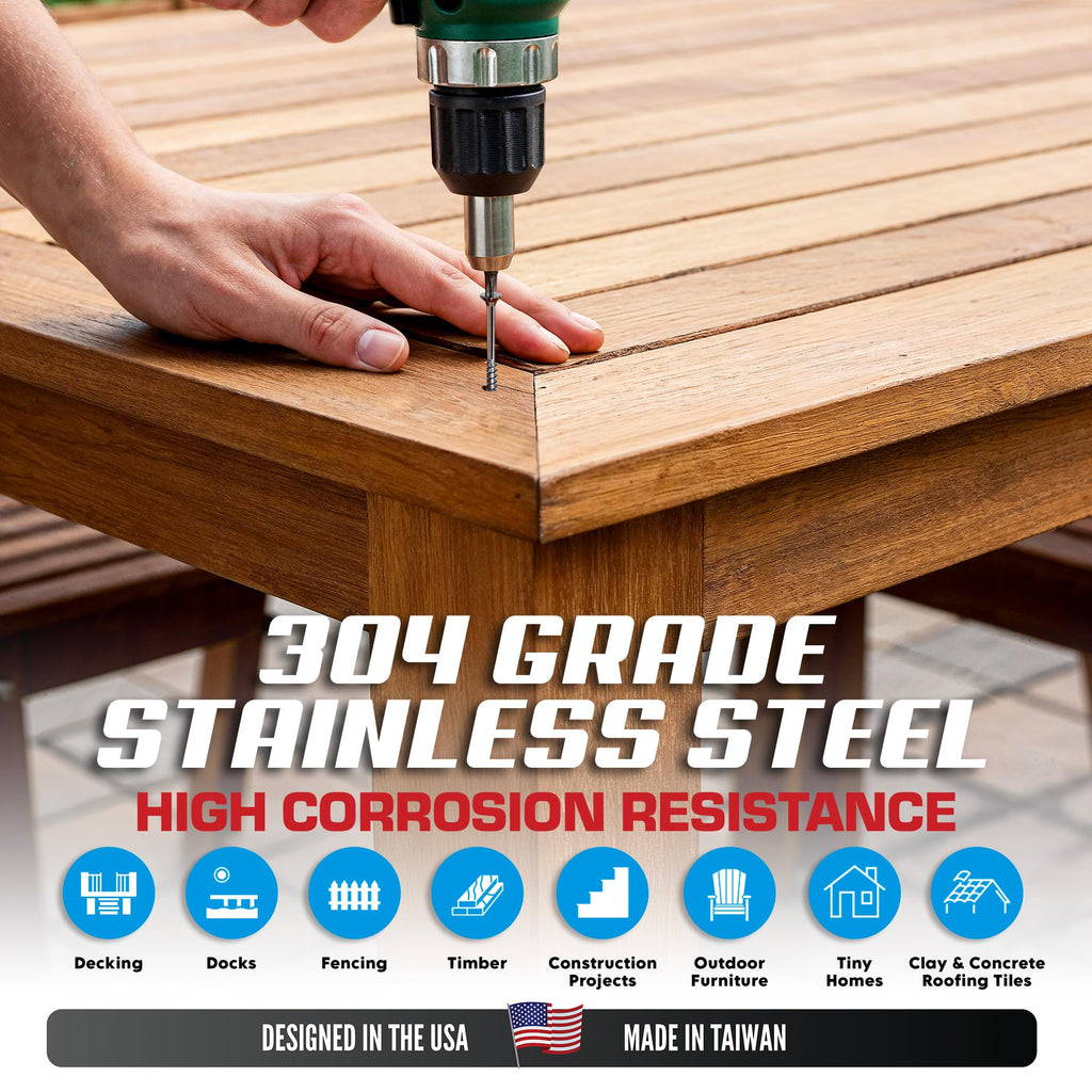 #8 x 1 5/8 Inch Stainless Steel Wood Screws | 304 Grade (100 Pack) | Flat Head T20 Star Torx Drive | Exterior Wood Screws by Eagle Claw Fasteners | Corrosion & Rust Resistant (Includes Driver Bit)