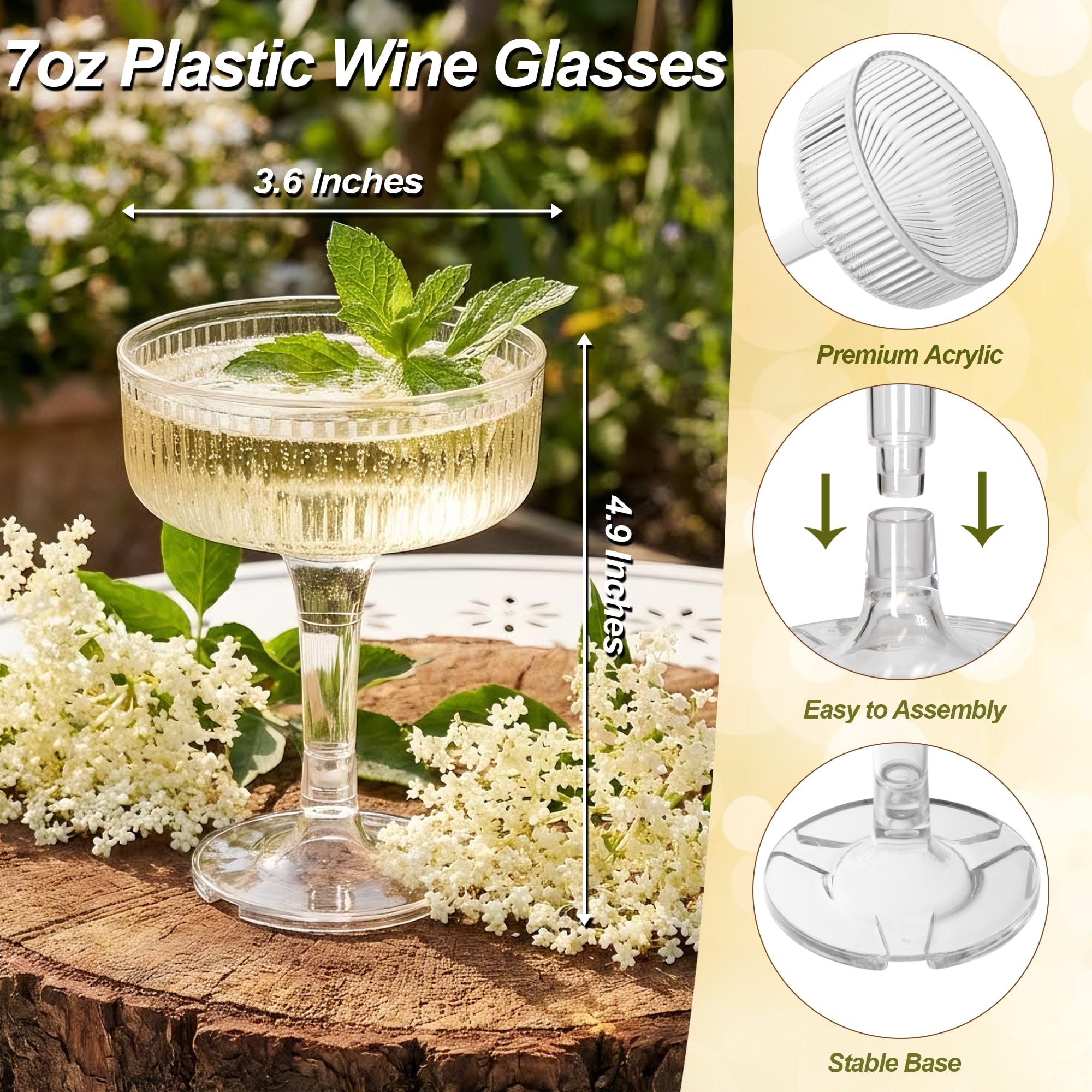 Houmury 20 Pcs 7oz Plastic Champagne Glasses Unbreakable Plastic Martini Glasses Flutes Reusable Clear Acrylic Coupe Drinkware for Wedding Birthday Party (20, Clear)