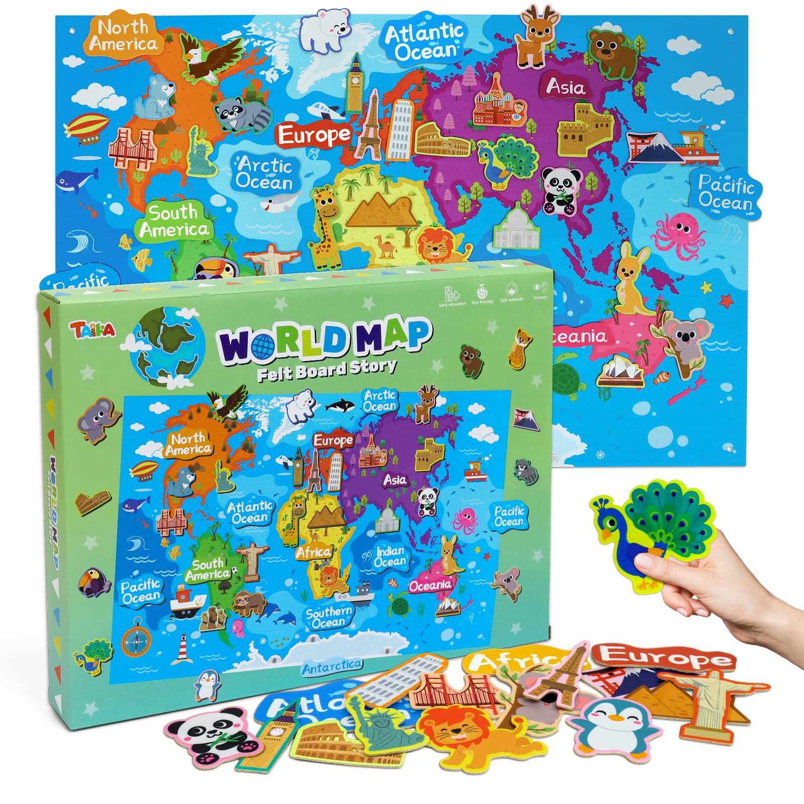 Taika 43x28 inch World Map Felt Board Set, World Map Felt Story, Inertactive Geography Flannel Board, Thicker Flannel Board Set, Preschool Learning Toy for 4+