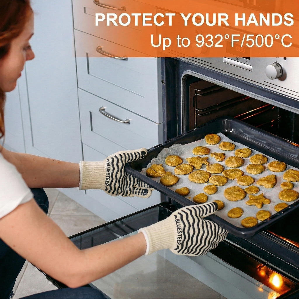 Oven Gloves, 932°F Heat Resistant Gloves, Oven Mitts with Fingers, Grill Gloves Heat Proof for Men Women, BBQ Gloves Silicone Grip, BLUESTEER Fireproof Gloves for Kitchen Cooking, Grilling, Baking