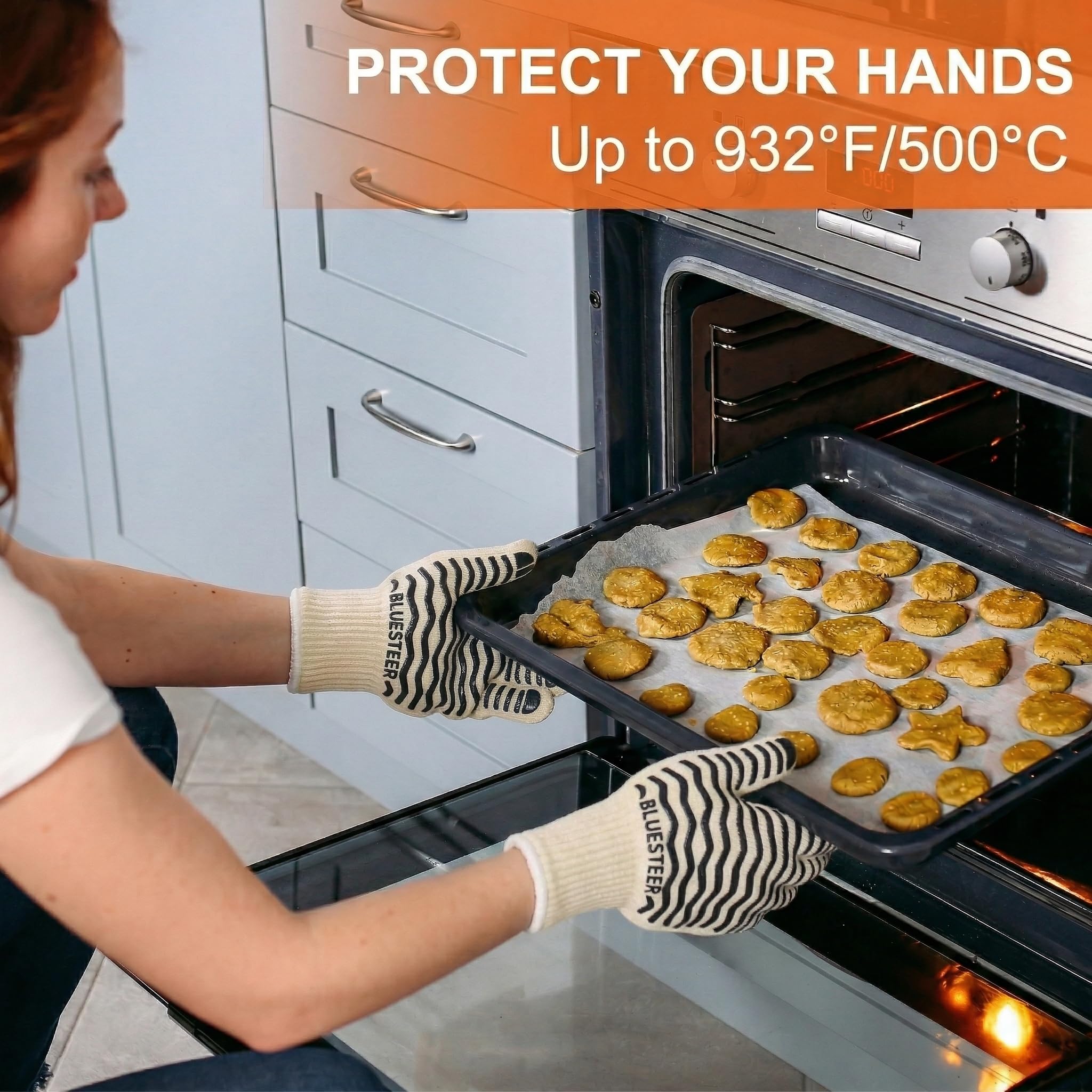 Oven Gloves, 932°F Heat Resistant Gloves, Oven Mitts with Fingers, Grill Gloves Heat Proof for Men Women, BBQ Gloves Silicone Grip, BLUESTEER Fireproof Gloves for Kitchen Cooking, Grilling, Baking