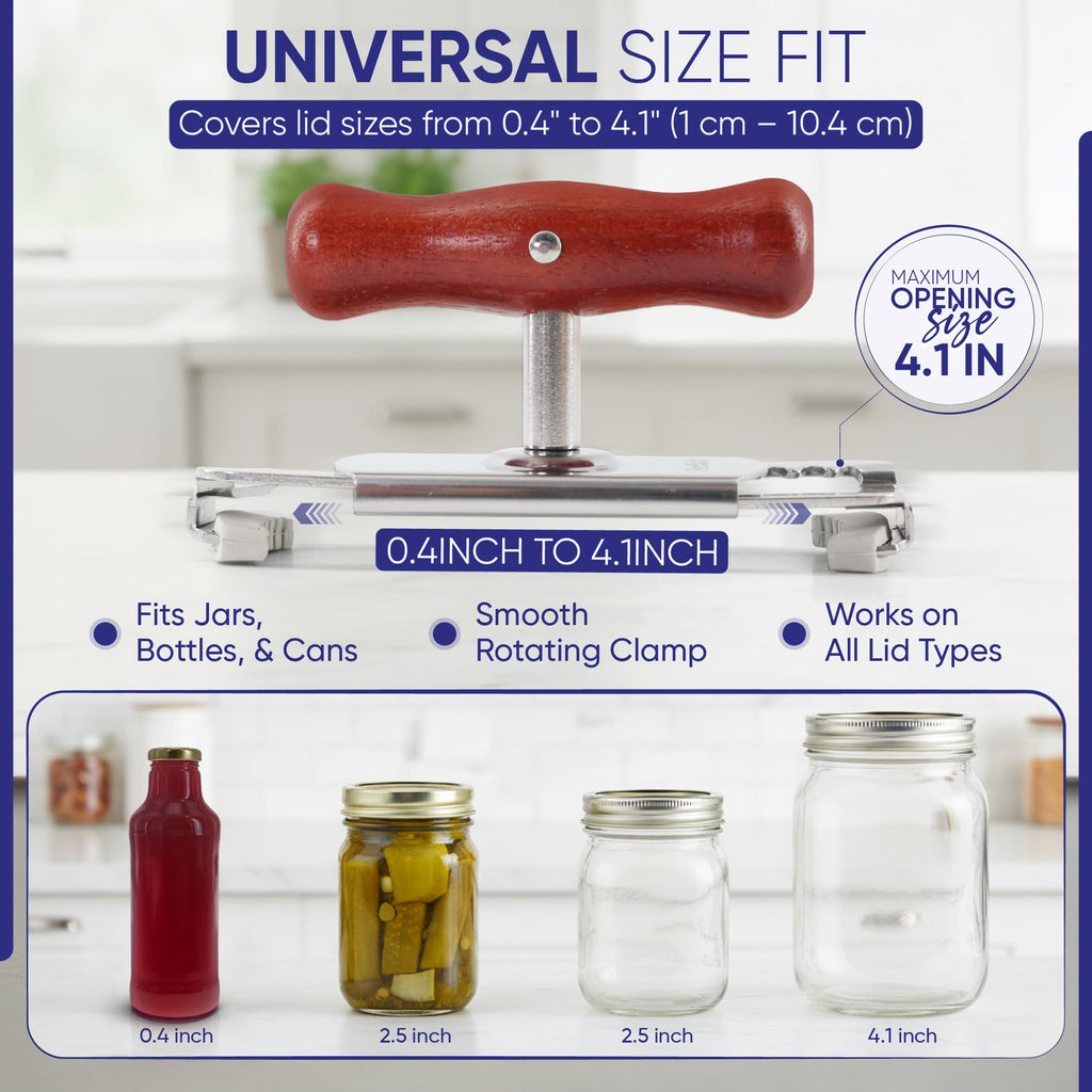 StarBlue Jar Opener for Seniors with Arthritis & Weak Hands – Adjustable Lid Remover Tool for Jars & Bottles – Heavy Duty Stainless Steel with Wood Handle + 2 Extra Anti-Slip Rubber Grips