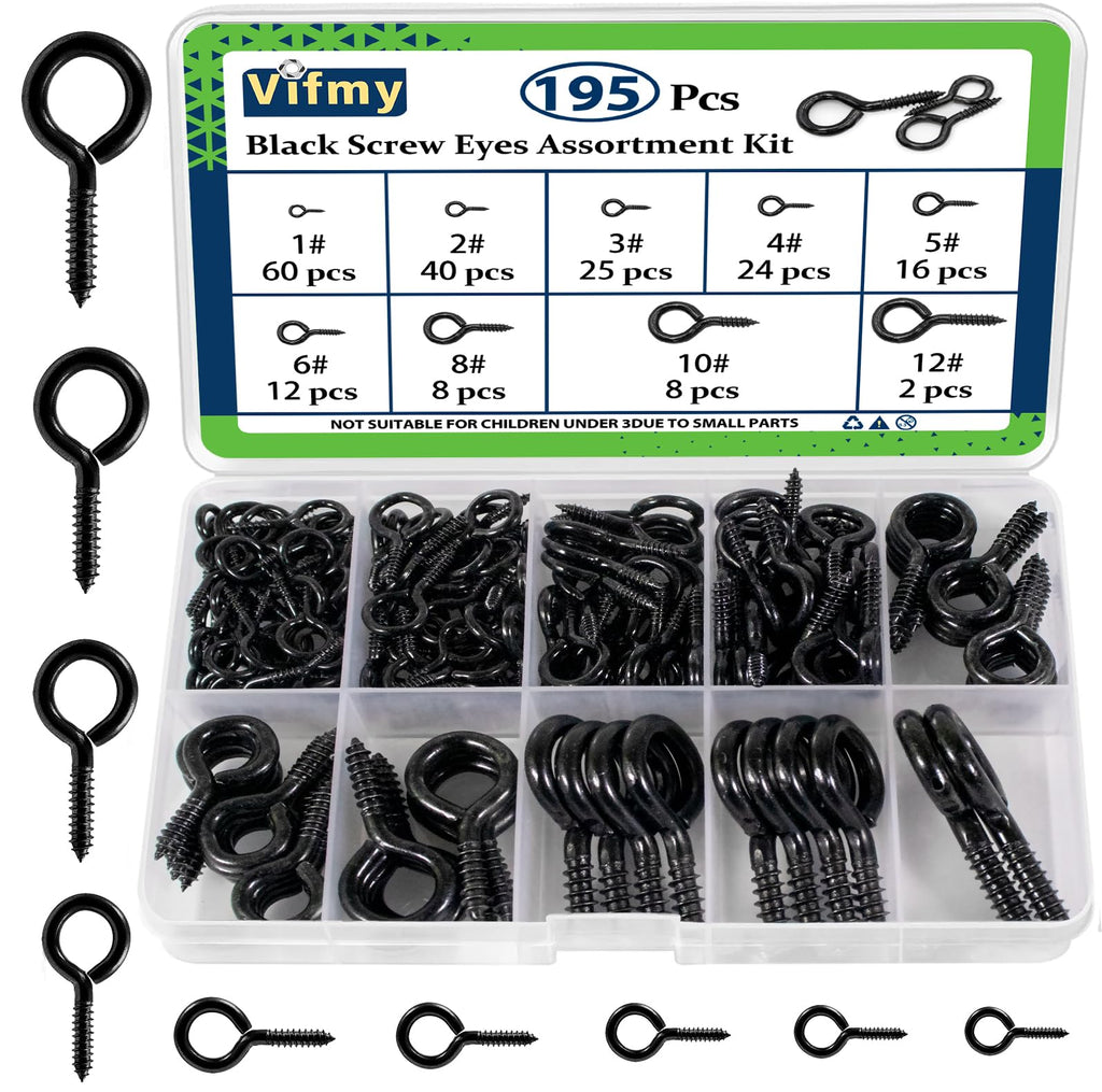 Vifmy Screw Eyes Assortment Kit(195Pcs),0.75" 0.78" 0.90" 1" 1.1" 1.18" 1.39" 1.57" 1.75" Zinc Plated Eyelet Screws,Metal Small Tapping Screw Hooks Ring,Black