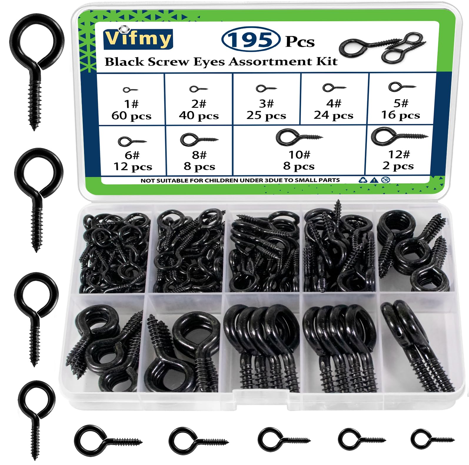Vifmy Screw Eyes Assortment Kit(195Pcs),0.75" 0.78" 0.90" 1" 1.1" 1.18" 1.39" 1.57" 1.75" Zinc Plated Eyelet Screws,Metal Small Tapping Screw Hooks Ring,Black