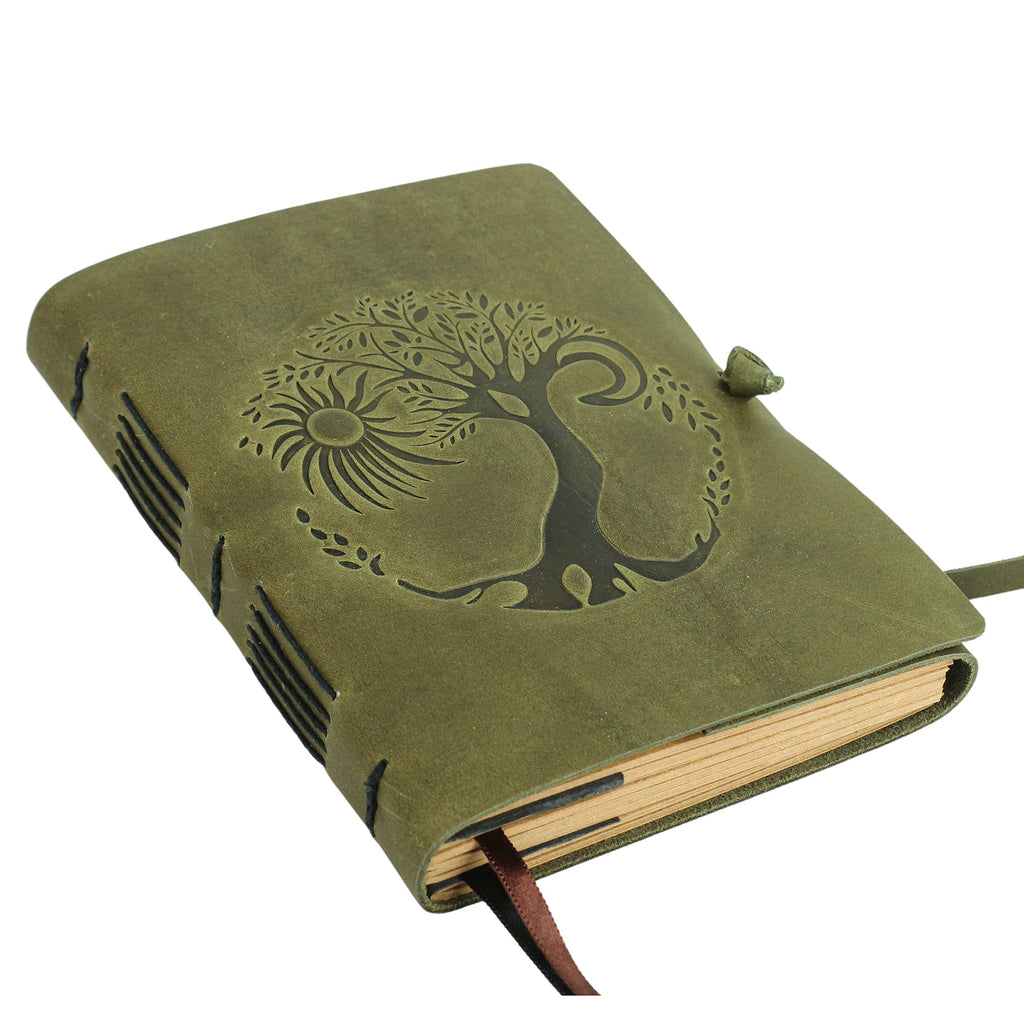 Leather Journal for women and men embossed 8 x 6 inch Handmade Lined craft paper tree of life sun and moon notebook writing notepad book of shadows journal (Green)