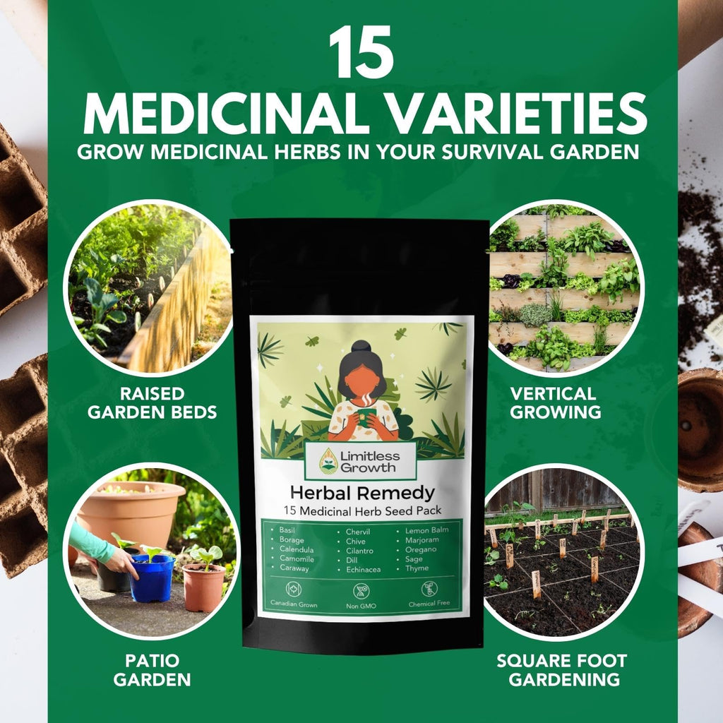 Herbal Remedy Seed Pack | 15 Varieties of Flower & Herb Seeds for Your Medicinal Garden | Easy to Grow, Balcony-Friendly | Borage, Basil, Calendula, Chamomile, Caraway & More | Limitless Growth