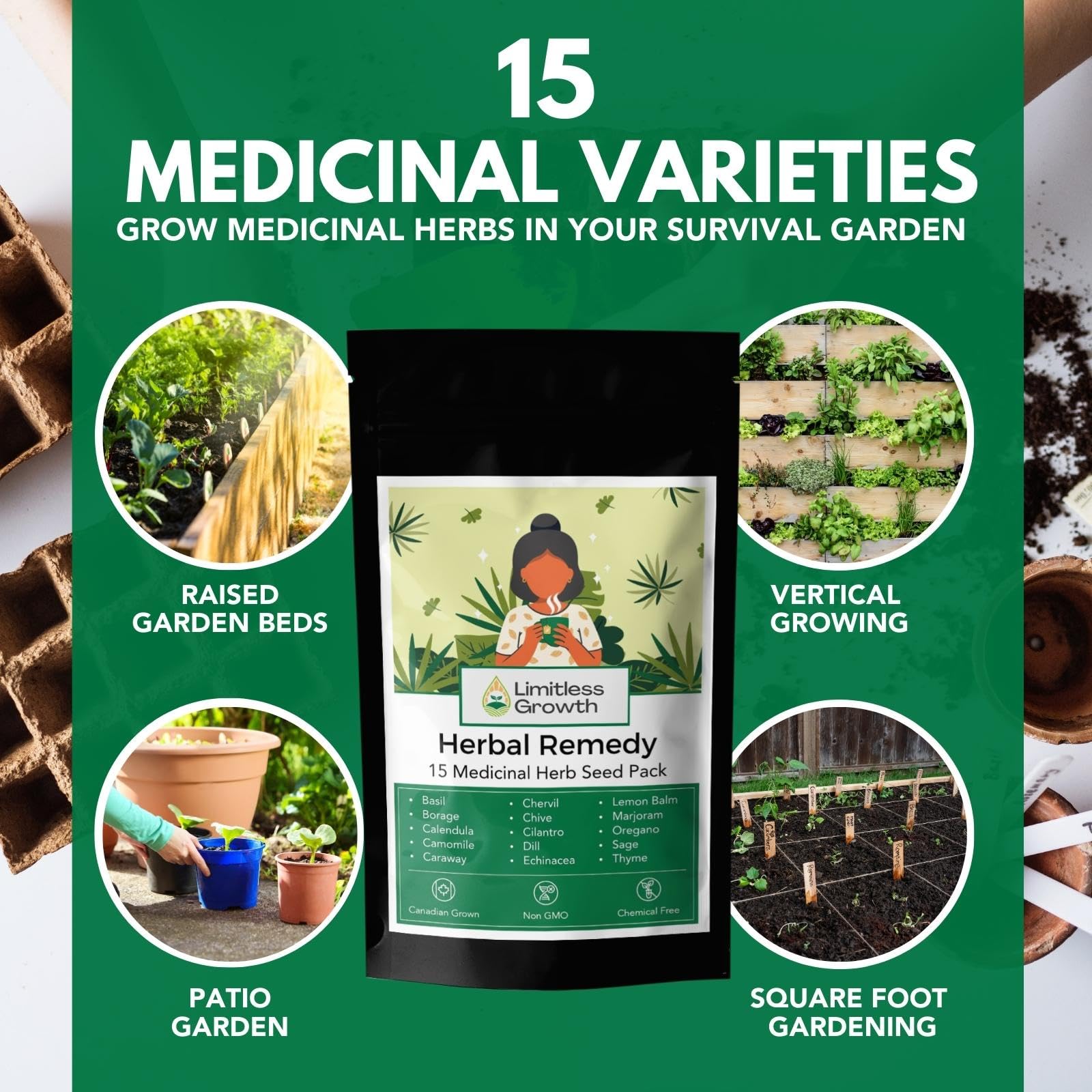 Herbal Remedy Seed Pack | 15 Varieties of Flower & Herb Seeds for Your Medicinal Garden | Easy to Grow, Balcony-Friendly | Borage, Basil, Calendula, Chamomile, Caraway & More | Limitless Growth