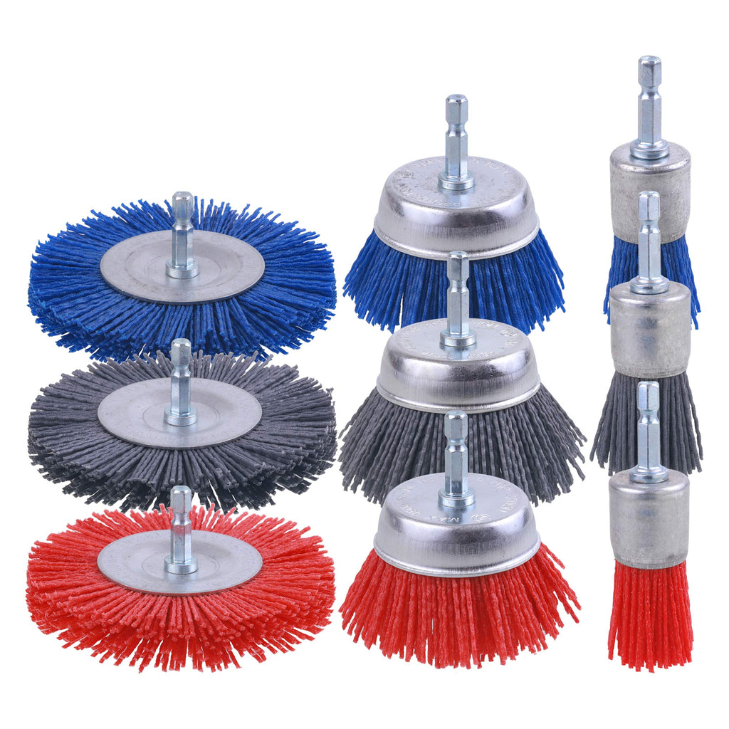 AOKLIT 9 Pack 80 Grit, 120 Grit, 240 Grit Nylon Filament Abrasive Wire Brush Wheel & Cup Brush Set with 1/4 Inch Hex Shank, for Removal of Rust/Corrosion/Paint