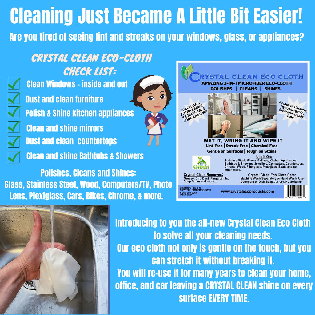 Crystal Clean Eco-Cloth Amazing Lint-Free/Streak-Free/Chemical-Free Microfiber Cloth for Windows & Glass/Mirrors Stainless Steel Appliances TV/Computer/Tablets...5 in a Pack, White, 16''x16''