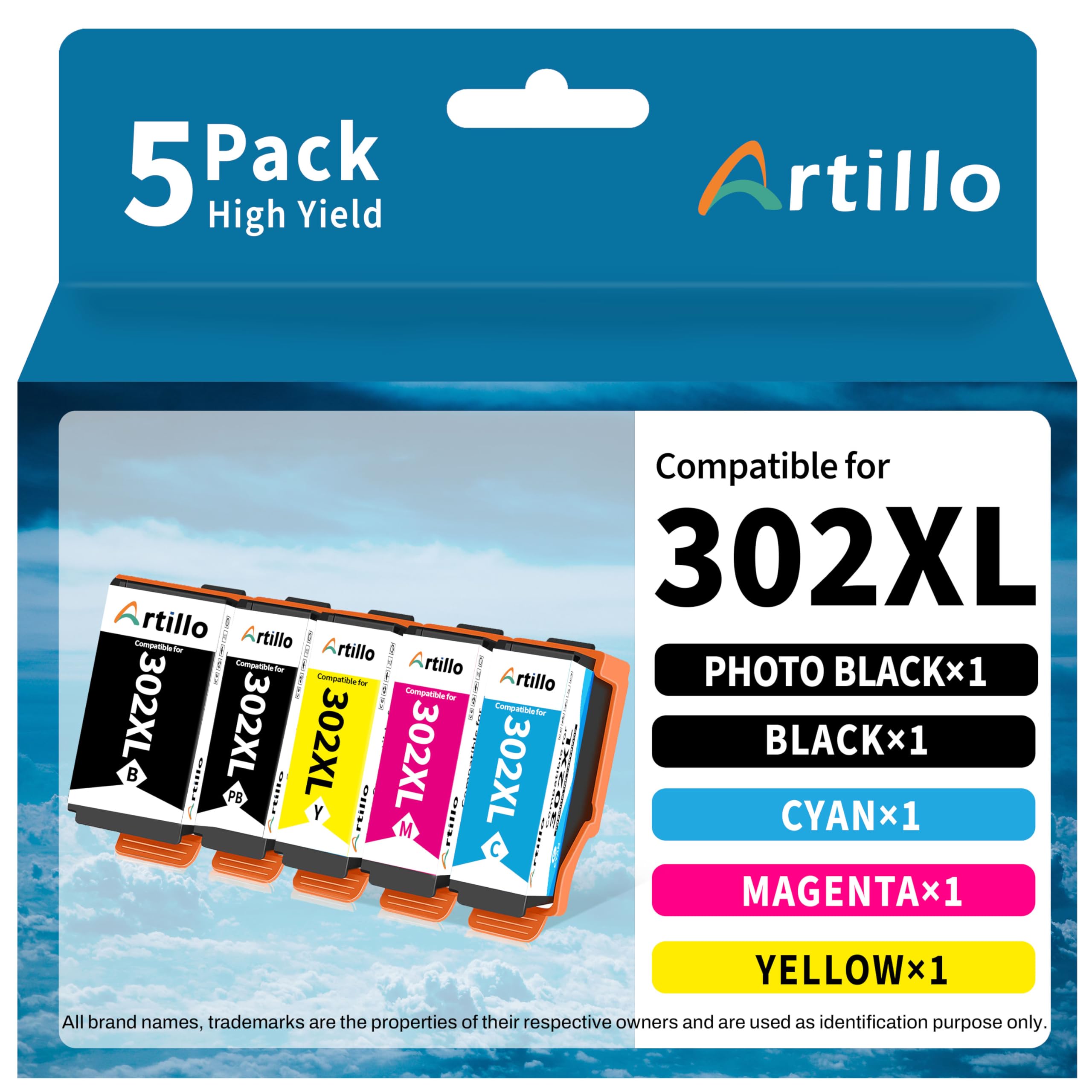 Artillo Remanufactured Ink Cartridges Replacement for Epson 302 302XL Ink Cartridges for Expression Premium XP-6100 XP6100 XP-6000 XP6000 Printer (1 Photo Black, 1 Black, 1 Cyan, 1 Magenta, 1 Yellow)
