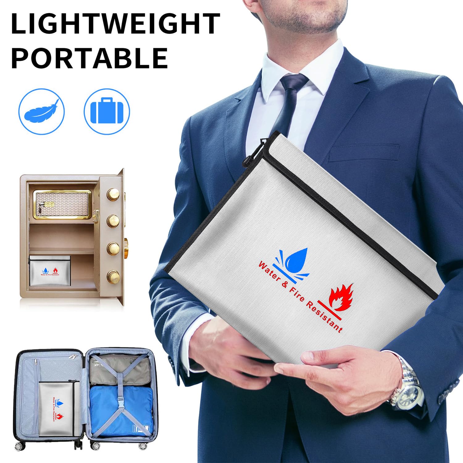 Fireproof Document Bag, Fireproof Money Safe 15 x 11 in & 9 x 7 in Set Non-Itchy Silicone Coated Fire Resistant Bag Fireproof Safe Storage for Money, Documents, Jewelry and Passport