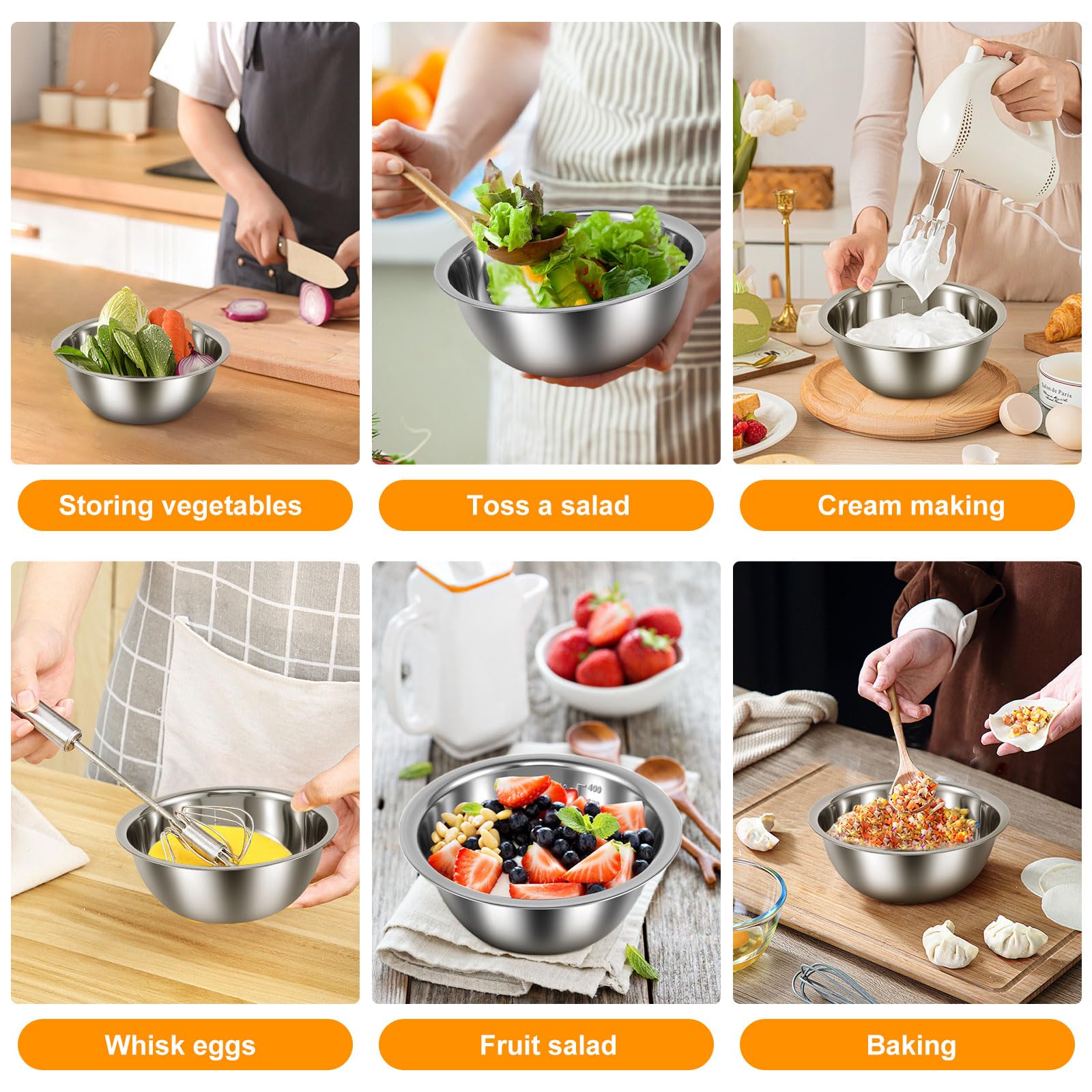KOUISYY 5PCS Stainless Steel Mixing Bowls Set with Measurement Lines, Kitchen Nesting Bowls for Baking Prepping Cooking Serving Salad Vegetables, Food-Grade Breader Bowl Size 4.5, 3, 2, 1.5, 0.7 QT